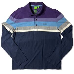 Hugo Boss Green Plisy Polo Shirt Mens Size M Striped Modern Fit Long Sleeve